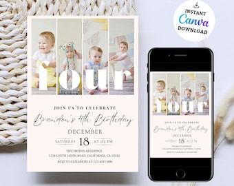 May include: A pink and white birthday invitation with a photo collage of a baby boy. The invitation says "Join us to celebrate Brandon's 4th Birthday" and includes the date, time, and location of the party.
