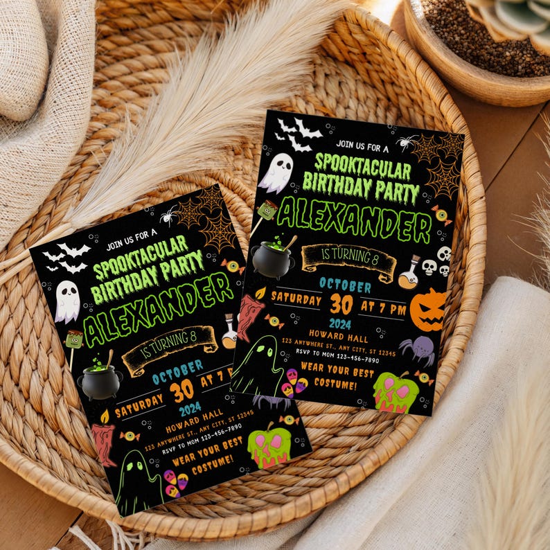 May include: Two Halloween birthday party invitations with a spooky design. The black cards feature ghosts, bats, and pumpkins. The text reads "Spooktacular Birthday Party" and includes the name "Alexander" and party details.
