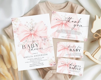 Coquette Bow Floral Invitation Pink Girl Baby Shower Invite Pink Bow Baby Shower Invitation Set Editable Elegant Coquette Pink Floral Canva