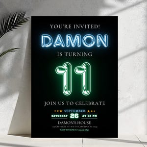 Neon Birthday Invitation: Brick Wall, Glow Party (Editable Canva Template)