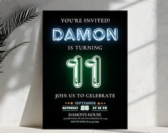 Neon Light Brick Wall Boy Birthday Invitation, Neon Glow, Kid Invite, Teenager Boy Birthday Invite, Instant Download Editable Canva Template