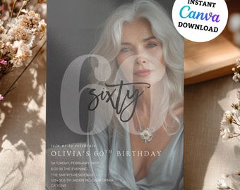 Minimalist 60th Photo Birthday Invitation, Modern Editable 60th Birthday Invite, Digital Sixtieth Birthday Evite, Sixty Birthday Invitation