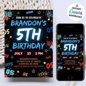 May include: A black and neon-colored birthday invitation for a 5th birthday party. The invitation features the name "Brandon's" and the number "5" in a neon blue color. The invitation also includes the date "July 23" and the time "2 PM".