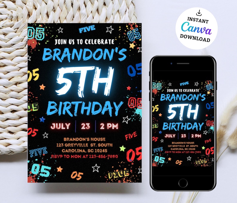 May include: A black and neon-colored birthday invitation for a 5th birthday party. The invitation features the name "Brandon's" and the number "5" in a neon blue color. The invitation also includes the date "July 23" and the time "2 PM".