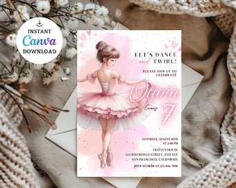 Invitación de cumpleaños de bailarina Invitación de cumpleaños de niña bailarina de ballet moderna Tutu Linda bailarina Fiesta de cumpleaños editable con temática de ballet