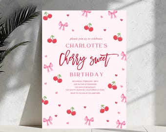 Invitación de cumpleaños con tema de cerezas, plantilla editable de Canva, invitación de cumpleaños con lazo de cerezas, fiesta de cumpleaños de niña con temática de cerezas, invitación personalizada