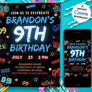 Invito per il 9° compleanno di un bambino, inviti per il compleanno di un bambino, inviti con numero per bambino scaricabili immediatamente, invito per il 9° compleanno, invito con numero per bambino