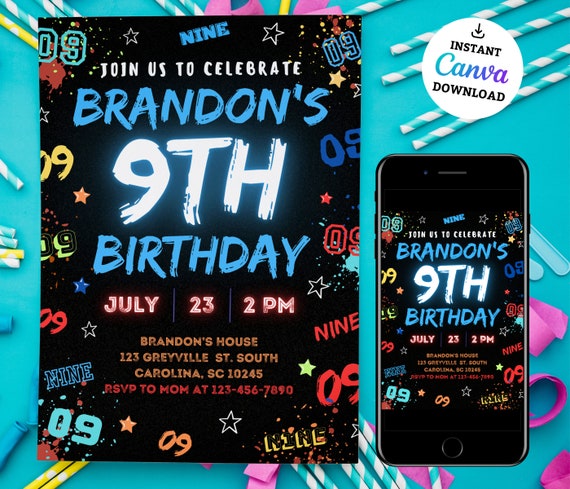 9Th Boy Birthday Invitation, Boy Birthday Invites, Instant Download Boy Number Invitations, 9th Birthday Invite, Boy Number Invite