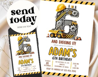 Construction Birthday Invitation: Dump Trucks, Excavator Party (Digital Download, 5x7 in)