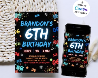 Boy Birthday Invitation, 6Th Boy Birthday Invitation, Boy Birthday Invites, Instant Download Boy Number Invitations, Boy 6Th Birthday
