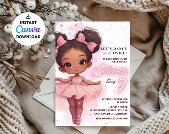 Invitación de cumpleaños de bailarina, bailarina moderna, bailarina de ballet, invitación de cumpleaños para niña, tutú, linda bailarina, editable, fiesta de cumpleaños con temática de ballet