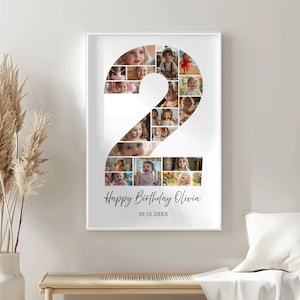 Puede incluir: Un collage de fotos enmarcado con la forma del número 2, lleno de varias fotos pequeñas de un niño pequeño. Las palabras "Happy Birthday Olivia" y una fecha están impresas en la parte inferior. El marco es blanco.