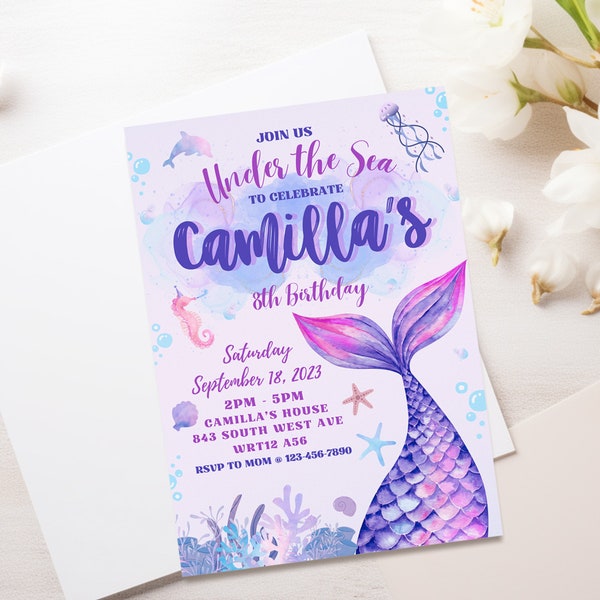 Mermaid Invitation Digital, Girl mermaid sea theme birthday party, Little Mermaid Invite, Under the Sea Birthday, Mermaid Digital Invitation