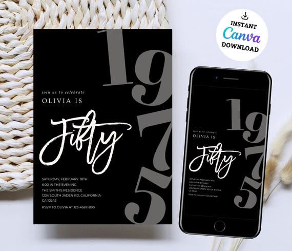 Minimalist 50th Evite Birthday for Adult Men Invite, Modern Editable 50th Birthday Invite, Digital 50th Birthday Evite, Birthday Invitation