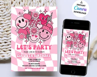 May include: Pink and white checkered birthday party invitation with a pink and white smiley face design. The text on the invitation reads "Let's Party" and "Zia's 7th Birthday".