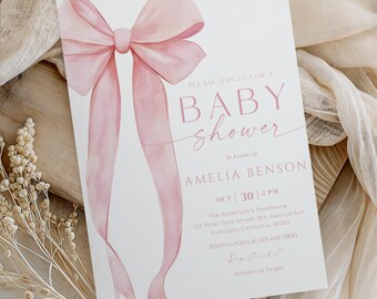 Blozen roze strik babyshower uitnodiging sjabloon babymeisje douche Canva sjabloon elegante roze coquette babyshower uitnodiging direct downloaden