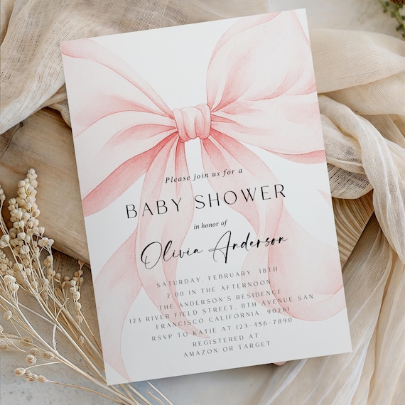 Coquette Bow Baby Shower Invitation Canva, Blush Pink Baby Girl Shower Template, Printable Elegant Pink Bow Invite, Instant Download