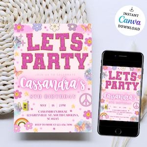 Pode incluir: Convite de festa de aniversário rosa e branco com um tema groovy dos anos 70. O convite diz "Let's Party" e "Cassandra's 8th Birthday". Inclui um sinal de paz, flores, borboletas e um arco-íris.