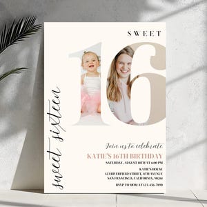 May include: A white invitation card with a pink and white number 16. The text "Sweet Sixteen" is written in cursive on the left side of the card. The text "Join us to celebrate Katie's 16th Birthday" is written in black at the top of the card. The text "Saturday, August 18th at 6:00 PM" is written in black below the text "Join us to celebrate Katie's 16th Birthday". The text "Katie's House" is written in black below the date. The text "123 Riverfield Street, 8th Avenue, San Francisco, California, 90261" is written in black below the text "Katie's House". The text "RSVP to Mom at 123-456-7890" is written in black at the bottom of the card.