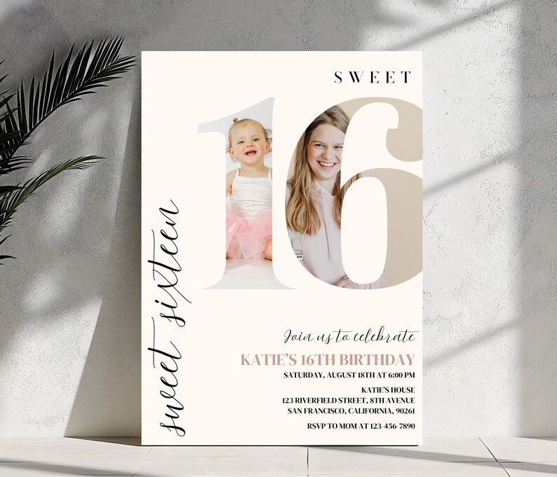 May include: A white invitation card with a pink and white number 16. The text "Sweet Sixteen" is written in cursive on the left side of the card. The text "Join us to celebrate Katie's 16th Birthday" is written in black at the top of the card. The text "Saturday, August 18th at 6:00 PM" is written in black below the text "Join us to celebrate Katie's 16th Birthday". The text "Katie's House" is written in black below the date. The text "123 Riverfield Street, 8th Avenue, San Francisco, California, 90261" is written in black below the text "Katie's House". The text "RSVP to Mom at 123-456-7890" is written in black at the bottom of the card.