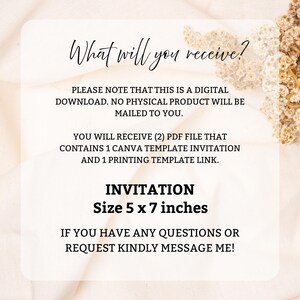May include: Digital invitation template, size 5 x 7 inches, with the text "What will you receive?" and other details. The template includes a Canva invitation and a printing template link. The background is a soft, neutral color.