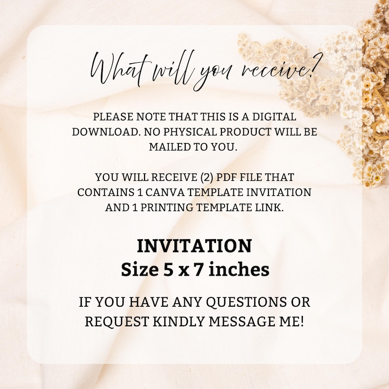 May include: Digital invitation template, size 5 x 7 inches, with the text "What will you receive?" and other details. The template includes a Canva invitation and a printing template link. The background is a soft, neutral color.