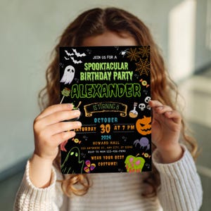 May include: A black Halloween birthday party invitation with the text "Spooktacular Birthday Party" and "Alexander is turning 8". The invitation features Halloween graphics such as ghosts, bats, and a pumpkin. The date is October 30, 2024.