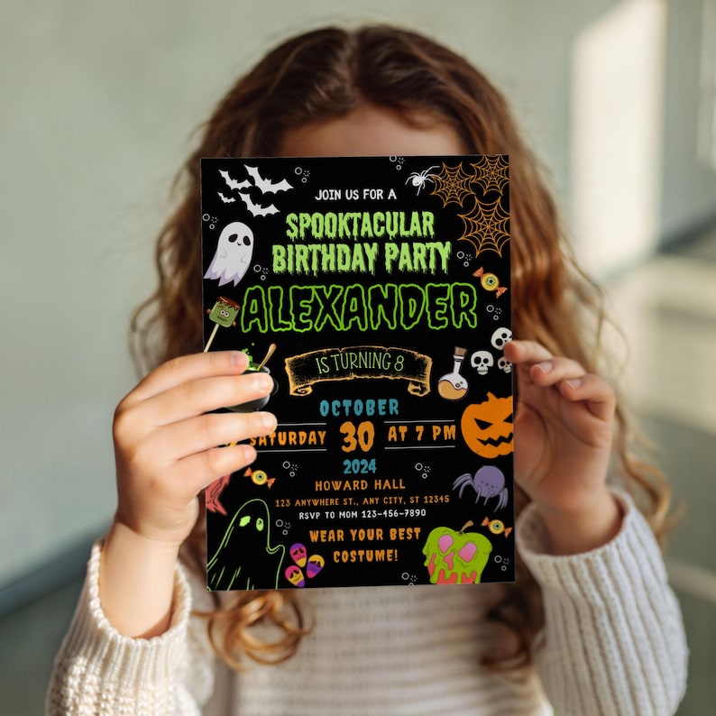 May include: A black Halloween birthday party invitation with the text "Spooktacular Birthday Party" and "Alexander is turning 8". The invitation features Halloween graphics such as ghosts, bats, and a pumpkin. The date is October 30, 2024.