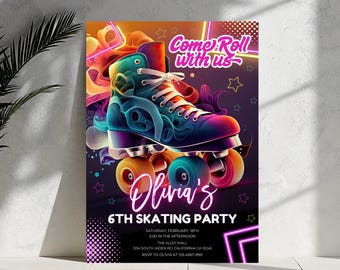 Neon Roller Skate Birthday Invitation: Editable Retro Disco Theme (Digital Download)