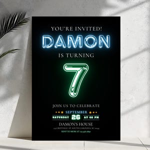 Neon Birthday Invitation: Brick Wall, Editable Canva Template (Digital Download)