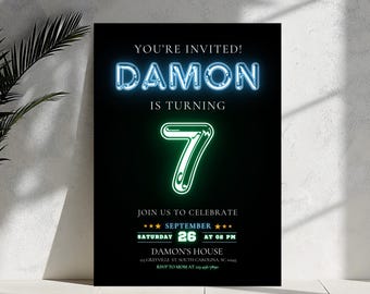 Neon Light Brick Wall Boy Birthday Invitation, Neon Glow, Kid Invite, Teenager Boy Birthday Invite, Instant Download Editable Canva Template