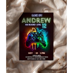 Videospiel-Geburtstagseinladung Junge, Neon Glow Gamer Party Invite Canva, bearbeitbare Kinder Gaming Geburtstagsvorlage, druckbarer digitaler Download