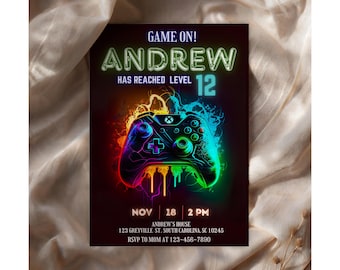 Video Game Birthday Invitation Boy, Neon Glow Gamer Party Invite Canva, Editable Kids Gaming Birthday Template, Printable Digital Download