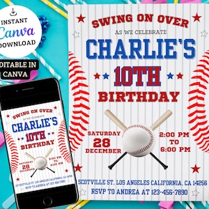 Invito di compleanno modificabile a tema baseball, invito di compleanno, invito a tema baseball con download immediato, bomboniere per feste di compleanno per bambini con mazza da baseball blu navy e rosso