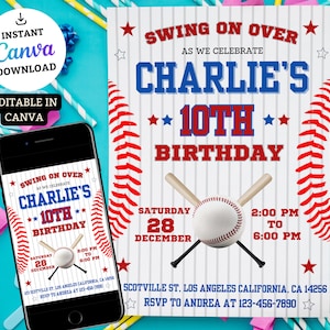 Editable Baseball Birthday Invitation, Baseball Invites, Instant Download Baseball Invitations, Digital File, navy blue red boy party invite