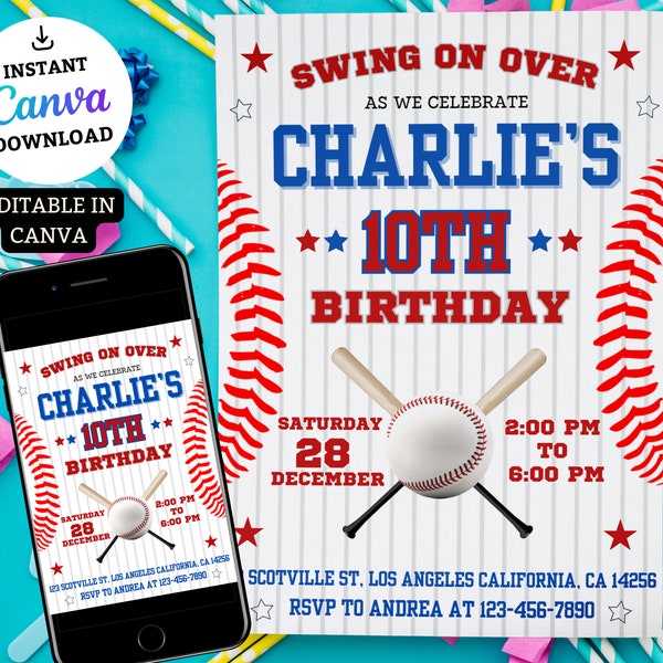 Editable Baseball Birthday Invitation, Baseball Invites, Instant Download Baseball Invitations, Digital File, navy blue red boy party invite