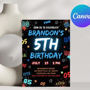 May include: A black and white birthday invitation with colorful accents. The invitation says "Join us to celebrate Brandon's 5th Birthday" with a neon blue 5. The date is July 23rd at 2 PM. The address is 123 Greyville St. South Carolina, SC 10245. RSVP to Mom at 123-456-7890.