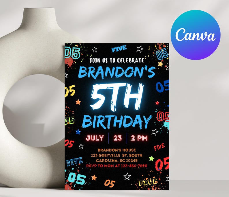 May include: A black and white birthday invitation with colorful accents. The invitation says "Join us to celebrate Brandon's 5th Birthday" with a neon blue 5. The date is July 23rd at 2 PM. The address is 123 Greyville St. South Carolina, SC 10245. RSVP to Mom at 123-456-7890.