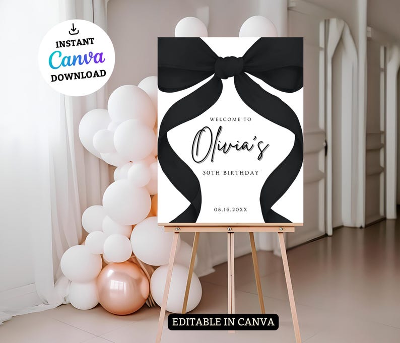 May include: A white welcome sign with a black bow on top. The sign says "Welcome to Olivia's 50th Birthday 08.16.20XX".