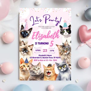 Cat Birthday Invitation, Cat Theme Birthday Invitation, Are You Kitten Me Birthday, Paw-ty Birthday Invite, Rainbow, Invitation Template