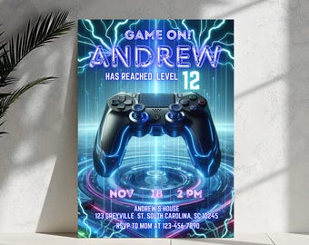 Plantilla de invitación de cumpleaños de videojuegos, invitación de videojuegos con brillo neón, invitación para niños, fiesta de videojuegos para niños, invitación para gamers, Canva editable