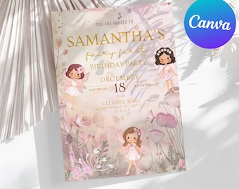 Convite de primeiro aniversário de fada, convite de primeiro aniversário de fada para menina, modelo editável para impressão, aniversariante, aniversário de fada (digital)