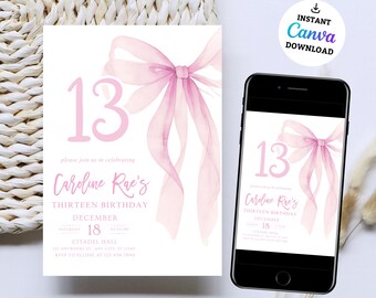 13th birthday invitation girl Pink Coquette Invite 13 year old girl Birthday Girl thirteenth Pink Bow Birthday Teen Birthday Party Coquette