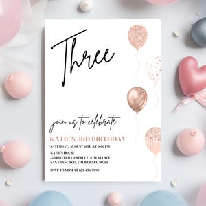 Girl 3rd Birthday Invitation Editable, Three Birthday Invite, Girl Birthday Party Digital Download, Pink Balloons Birthday Party Invite