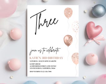 Girl 3rd Birthday Invitation: Pink Balloons Party (Digital Download)