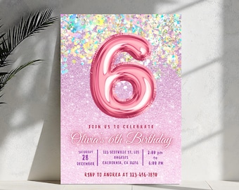 Pink Glitter 6th Birthday Invitation Girl, Editable Canva Template, Printable Sixth Birthday Party Invite, Rainbow Foil Balloon Download