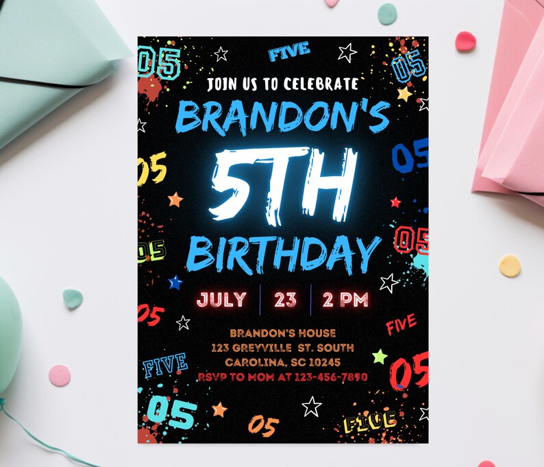 May include: Black and white birthday invitation with neon blue and red accents. The invitation says "Join us to celebrate Brandon's 5th Birthday" with the date and time of the party. The invitation is decorated with paint splatters and the number "05" repeated throughout.