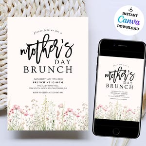 May include: A printable invitation for a Mother's Day brunch. The invitation features a floral design with pink flowers and green leaves. The text on the invitation reads "Please join us for a Mother's Day Brunch" and includes the date, time, location, and RSVP information.