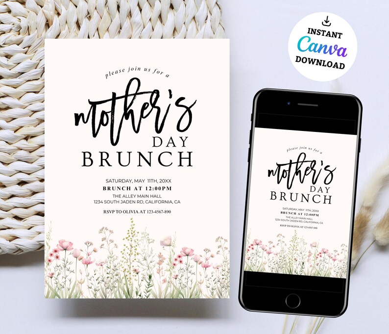 May include: A printable invitation for a Mother's Day brunch. The invitation features a floral design with pink flowers and green leaves. The text on the invitation reads "Please join us for a Mother's Day Brunch" and includes the date, time, location, and RSVP information.