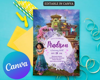 Plantilla de invitación de cumpleaños de Encanto editable, invitación de Encanto, fiesta de Encanto, invitación de cumpleaños de niñas, fiesta de niños de Encanto, canva editable